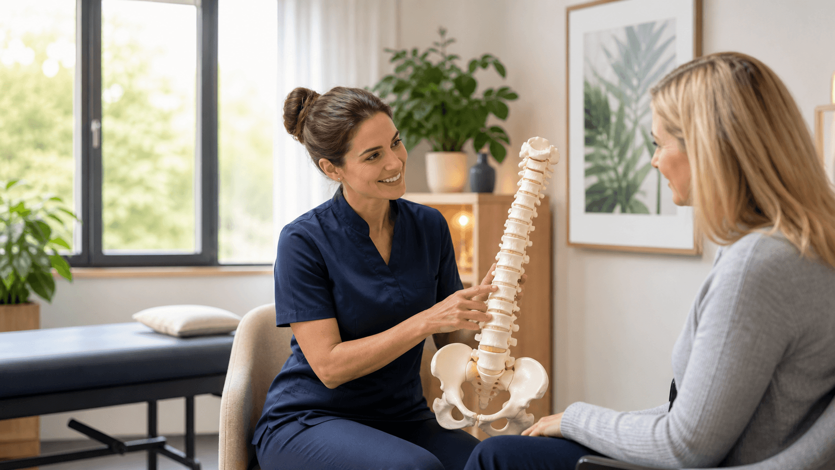 Chiropractor consulting with a patient in a bright clinic, with a spine model on the desk.