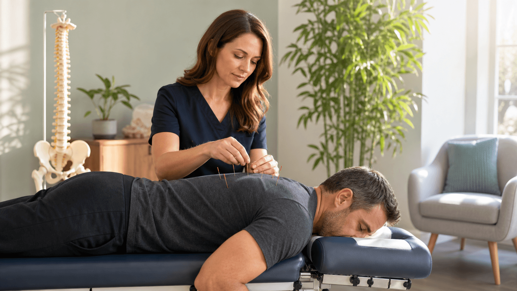 Acupuncture needles placed along a patient’s back in a softly lit treatment room.