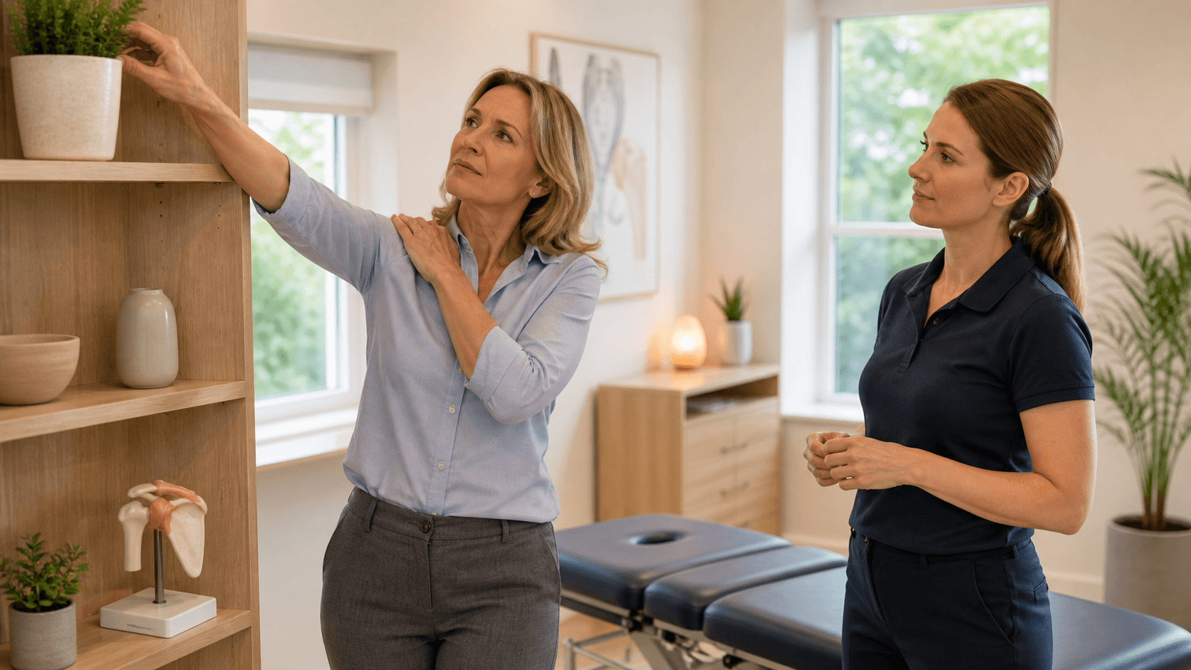 Woman in a bright kitchen gently holds her shoulder, wincing in natural window light.