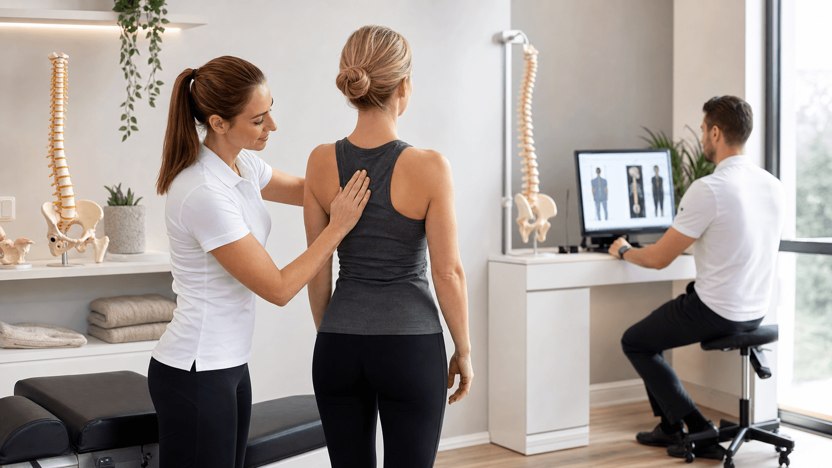 Smiling chiropractor examines a patient’s spine on a treatment table in a bright clinic with blue accents.