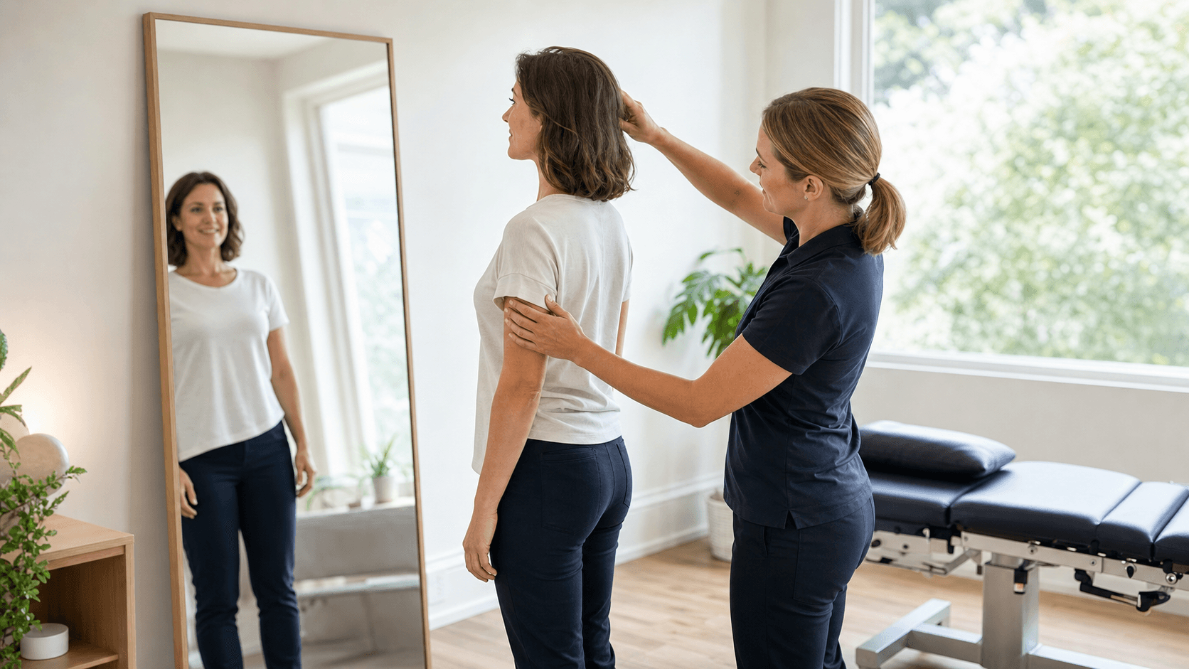 Person in side profile checking posture against a wall, soft natural light, minimal neutral background