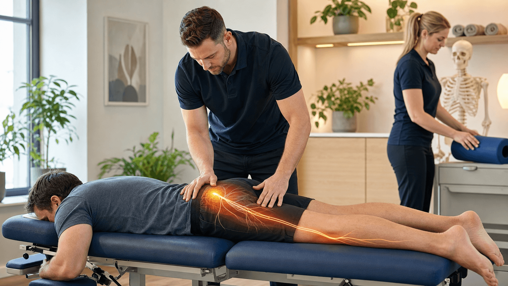 Person holding lower back in a sunlit clinic room, red glow highlighting sciatic pain down one leg
